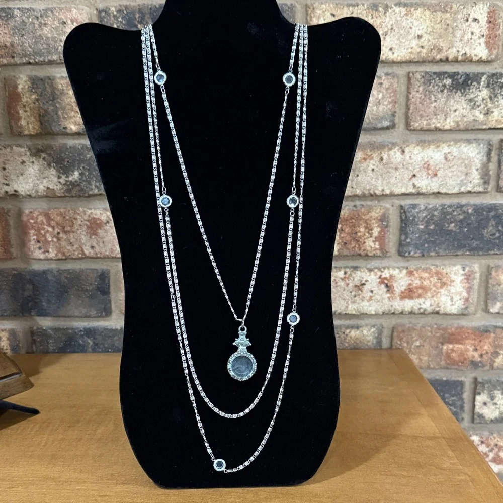 Vintage Goldette Long Multi Strand Necklace
with Glass Intaglio Cameo Pendant